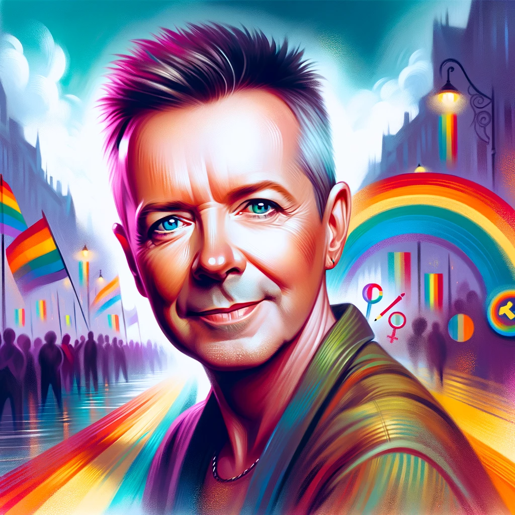 Ecco l'immagine che rappresenta Jimmy Somerville, con elementi che riflettono la sua carriera musicale e il suo attivismo.