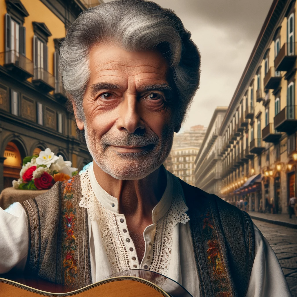 musicista italiano sui 70 anni, con caratteristiche mediterranee, in un ambiente che evoca la cultura e la tradizione musicale di Napoli.