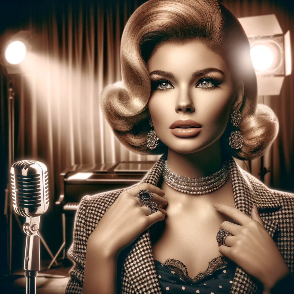 Ecco l'immagine di una cantante italiana in stile retrò, che ricorda l'eleganza e lo stile degli anni '60