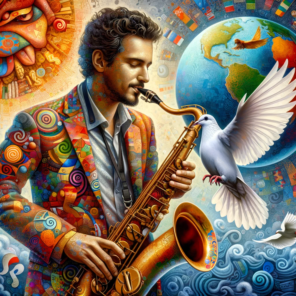 Immagine artistica ispirata a Enzo Avitabile, che rappresenta il suo legame con i valori della pace e la potenza della world music.