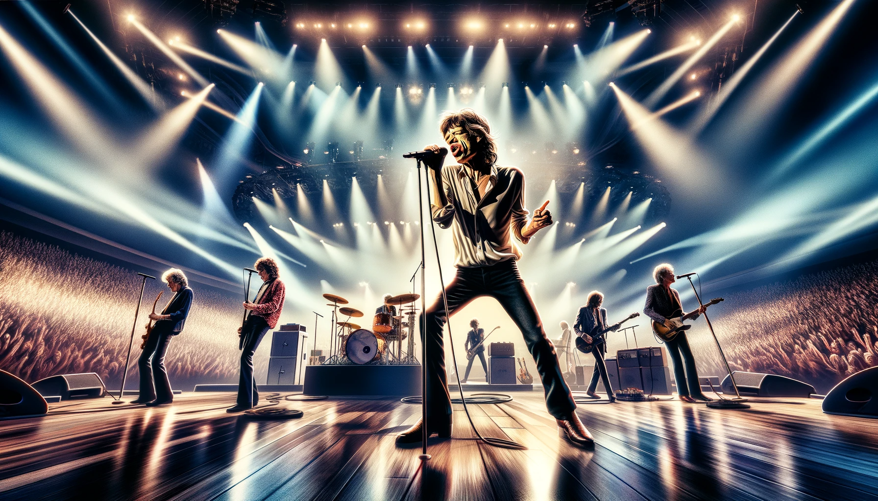 Ecco l'immagine che ho creato per accompagnare il tuo articolo su Mick Jagger. Questa rappresenta Jagger che si esibisce sul palco con i Rolling Stones, catturando la sua presenza dinamica e il suo stile iconico.